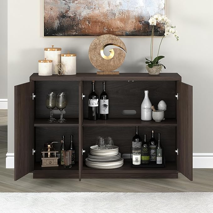 Henn&Hart 48" Fluted Sideboard Buffet Cabinet, Ribbed Wooden Credenza with 3 Doors, Adjustable Shelves, and Cable Management Cut-Outs for Dining Room, Kitchen, Living Room or Entryway, Warm Brown