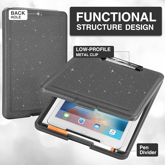 Sooez Clipboard with Storage, Plastic Storage Clipboards with Low Profile Clip, Nursing Clip Boards Foldable, Hanging Clipboard Case for Work, Teacher, Classroom Must Haves, Office School Supplies