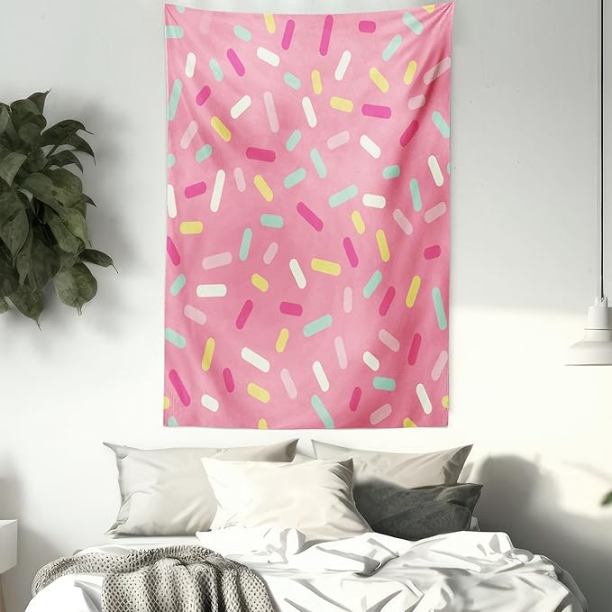 Ambesonne Pink and White Tapestry, Abstract Pattern of Colorful Donut Sprinkles Tasty Food Bakery Theme, Wall Hanging for Bedroom Living Room Dorm Decor, 40" X 60", Pink Yellow