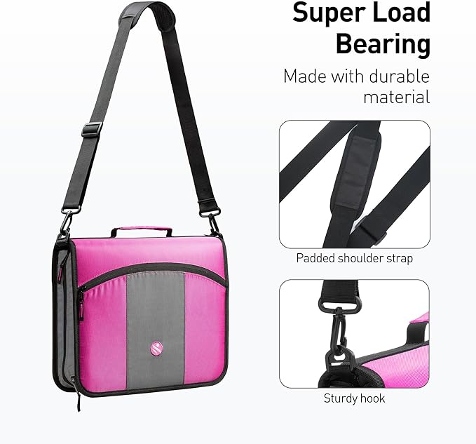 3-Inch Zipper Binder, 3 Rings Binder with Expanding File and Shoulder Strap, Rose
