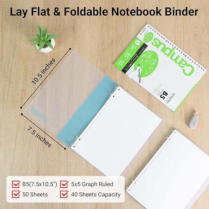 KOKUYO Campus 2x2 Spiral Binder Notebook Set, B5 Refillable Notebook + 50 Refill Papers with 5x5 Graph Ruled, 40 Sheet Capacity, Light Blue, Perfect for Work, Study & Journal, Japan Import