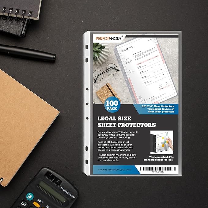 Legal Size Sheet Protectors 8.5x14, 100 Pack Heavyweight 3-Ring Binder Sleeves, Archival Quality Clear Plastic Document Storage - Performore