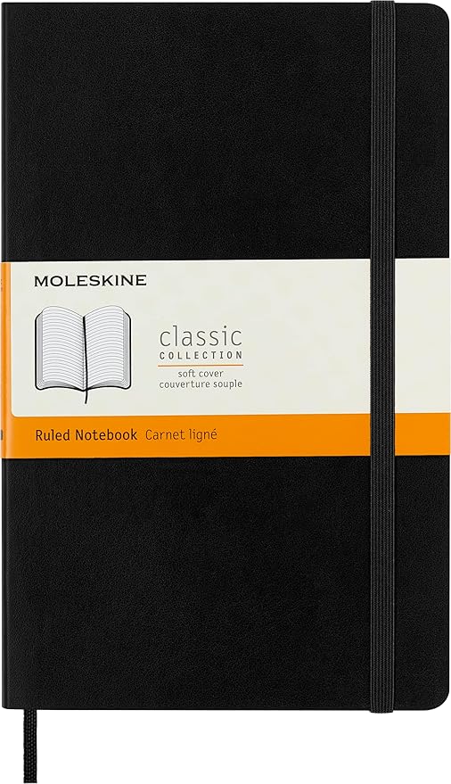 "Moleskine Classic Notebook, Soft Cover, Large (5"" x 825"") Ruled/Lined, Black, 192 pages" (S07162)