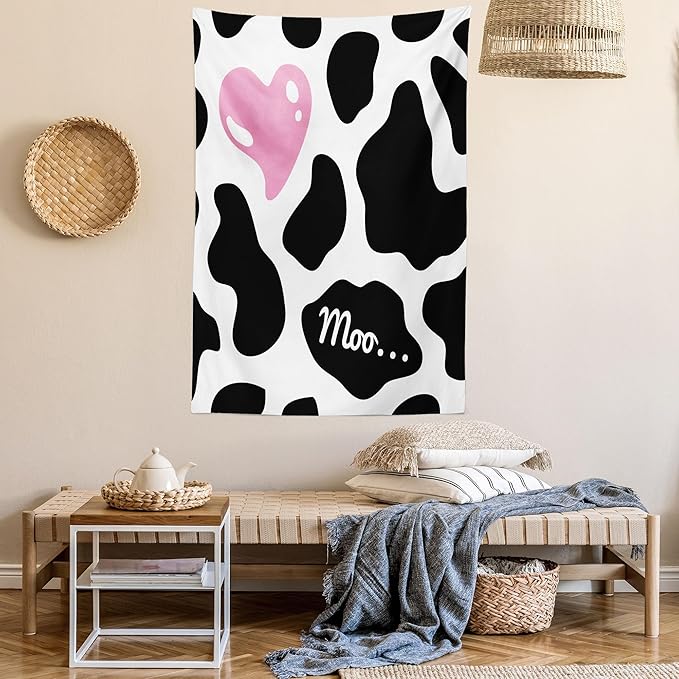 Ambesonne Cow Print Tapestry Twin Size, Camouflage Hide Skin Pattern in Pastel Color Shades Heart Shape Moo, Wall Hanging Bedspread Bed Cover Wall Decor, Twin Size, Pink Black White