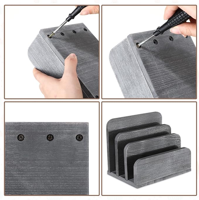 Wooden Mail Holder 3 Slots Mail Organizer for Desk Wood File Paper Letter Sorter for Letter Envelope Filing Cell Phone Document Storage, Organizer Tray for Office and Home (Grey)