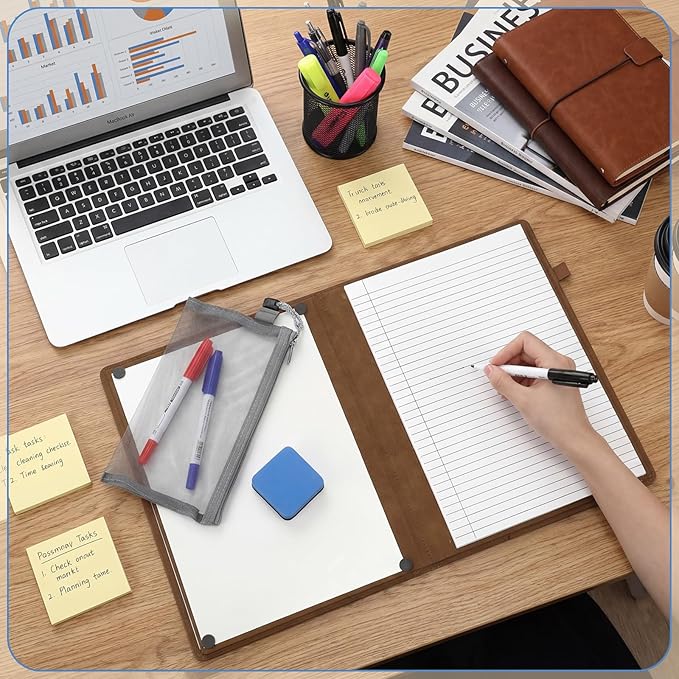 6 Sides Dry Erase Notebook Portable Whiteboards Notebook Small Reusable College Ruled Lined Board Folding Mini Travel Dry Erase White Board for Office Study (Brown,A4: 9 x 12 Inches)