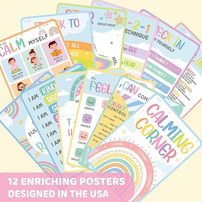 jackinthebox 12 Calming Corner Posters with Gold Foil Embedded Stars - 12 x 17 inches Laminated Classroom Decor Posters, Calm Down Corner Supplies, Emotions Charts for Kids, Easter Gifts for Kids.