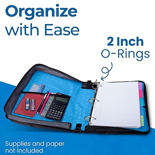 Case-it Universal Zipper Binder | 2-Inch O-Rings, 13-Inch Laptop/Tablet Padded Pocket, 400 Sheet Capacity, Multiple Storage Pockets & Shoulder Strap | School & Office Organizer | LT-007 Denim Blue