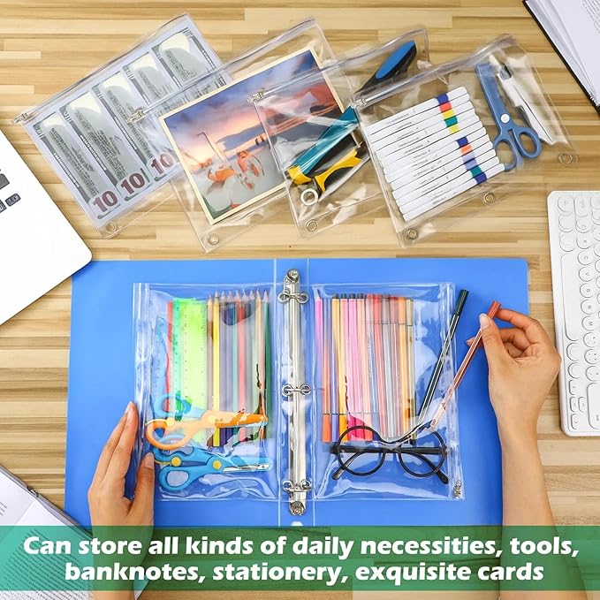 Lincia 12 Pack Clear Pencil Pouch for 3 Ring Binder Pencil Case with Zipper 3 Ring Binder Pocket Insert Bag 10 x 7'' Visible Cash Envelope with Re-enforced Grommet for Office (Clear)