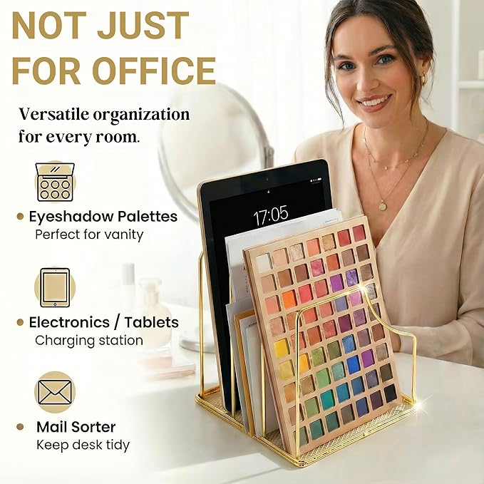Simmer Stone 2-Pack Gold Metal File Organizer with Mesh Bottom - Vertical Magazine, Mail & Paper Sorter - 3-Slot Wire Rack for Office, Binders, Makeup Palettes - Aesthetic Desk Organizer