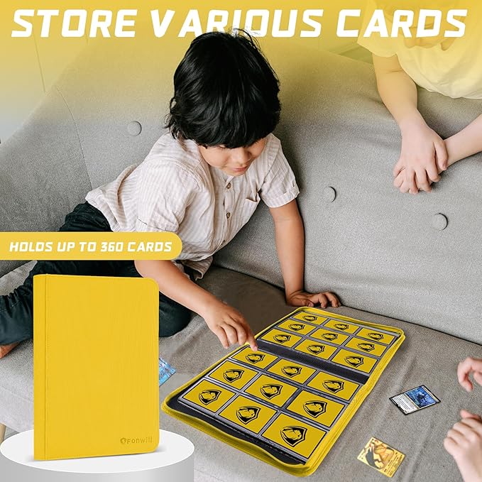 9 Pocket Card Binder, Premium Zip Trading Card Binder, 360 Double Sided Pocket PU Collection Binder, Collector Album, Card Folder for MTG, TCG, Sports Cards, (Yellow)