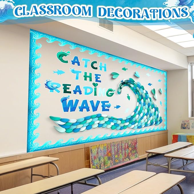 Epakh DIY Ocean Waves Bulletin Board Set Ocean Theme Classroom Decorations Blue and White Fish Heart Shaped Paper Cutouts with Waves Borders for Summer Back to School Office Library Supplies