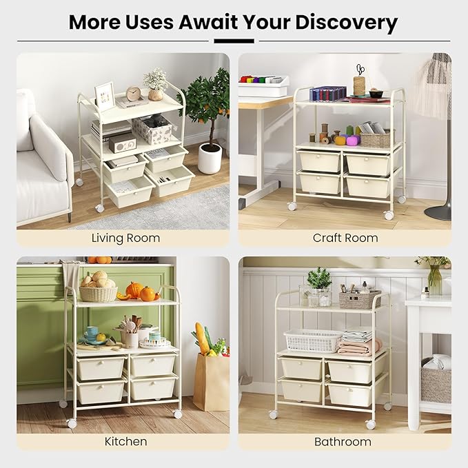 COSTWAY 4-Drawer Storage Cart, Mobile Storage Organizer w/Steel Frame & 360° Wheels, 4-Drawer Utility Cart for Living Room, Kitchen, Bathroom & Office (White)
