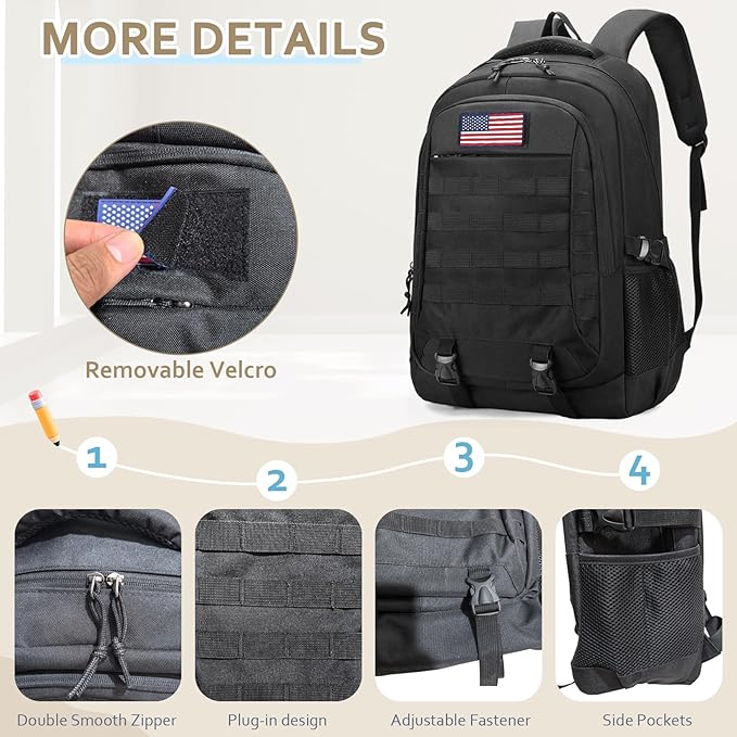 Tactical Backpack 35L - 19'' Waterproof School Bag for Kids, 15.6" Laptop Compartment & MOLLE Webbing for Camping Hiking Travel