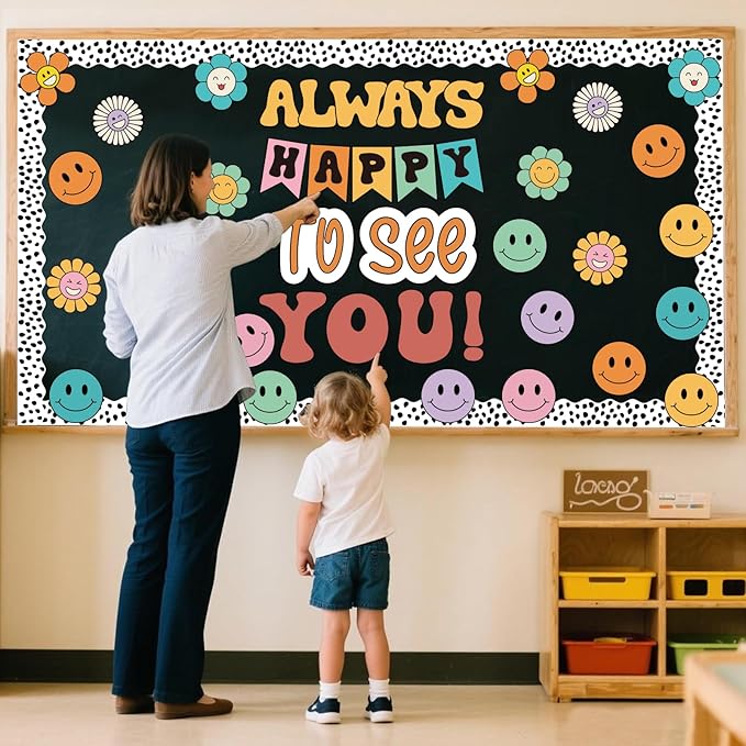63 Pcs Groovy Bulletin Board Decorations Set Retro Smiley Face Classroom Decor with Black Dots Border Trims for Back to School Classroom Wall Door Decor