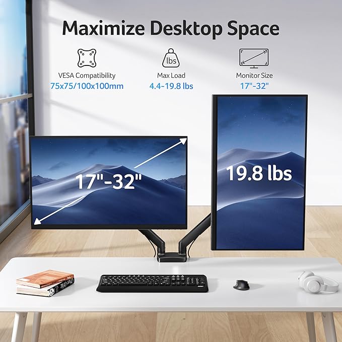 Acer Dual Monitor Arm, Computer Desk Arm with VESA Mounts for 17–32″ Screens, Fully Adjustable Gas Spring Monitor Stand, C-Clamp and Grommet Mounting Base, Fits 4.4 to 19.8lbs Computer Monitors