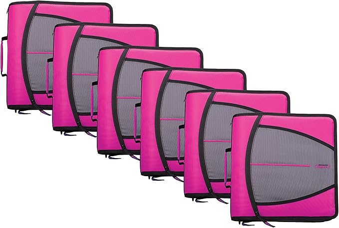 Case-it Mighty Zip Tab School Zipper Binder | 3-Inch O-Rings, 600-Sheet Capacity, 5-Subject Expanding File Folder, Multiple Pockets & Storage Organizer, Shoulder Strap | D-146 Magenta | 6 Pack