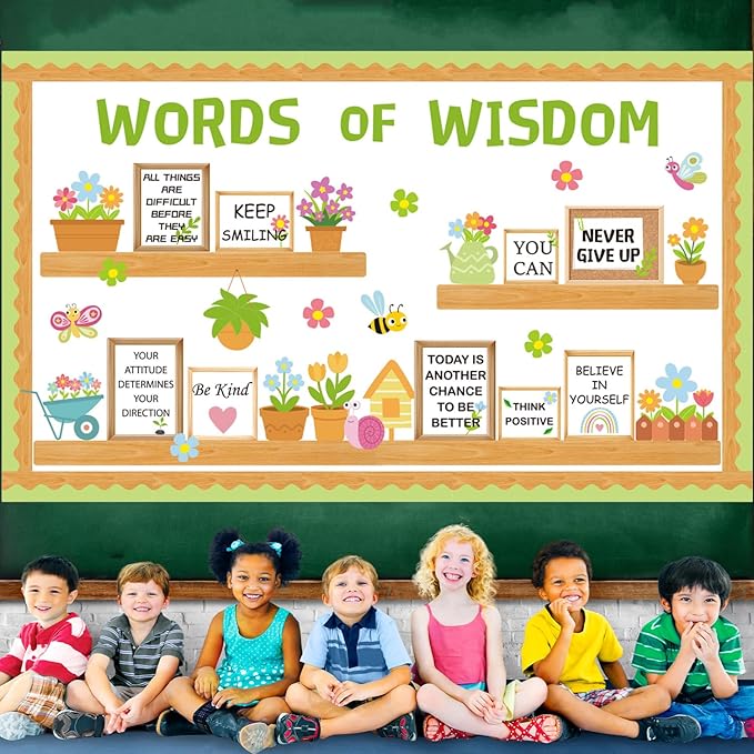 Spring Flower Bulletin Board Decorations Set Inspirational Bookshelf Classroom Decorations March April Floral Cutout Words of Wisdom Bulletin Decor with Border for Wall Door Library Home Office School