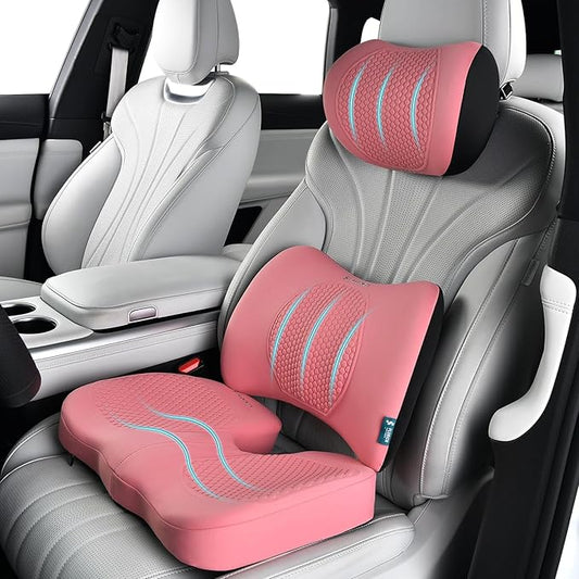 FLORICH 3 PCS Seat Cushion for Carseat Lumbar Support Pillow Car Neck Headrest Pillows Memory Foam Gel Memory Foam Massage Point Seat Pads Pressure Relief Back Cushion for Office Chair(Pink)