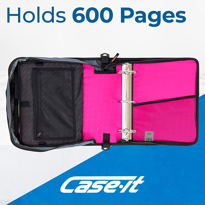 Case-it Mighty Zip Tab School Zipper Binder | 3-Inch O-Rings, 600-Sheet Capacity, 5-Subject Expanding File Folder, Multiple Pockets & Storage Organizer, Shoulder Strap | D-146 Magenta | 6 Pack