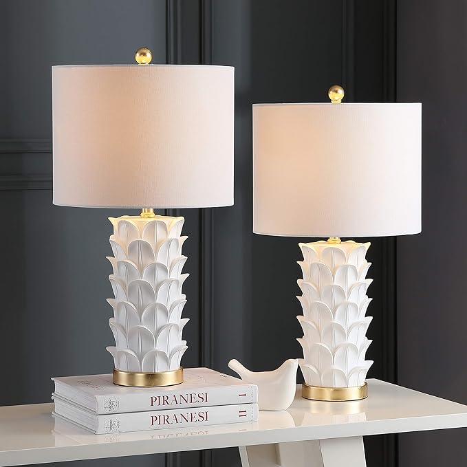 SAFAVIEH Lighting Collection Nico White/ Gold Leaf 25-inch Bedroom Living Room Home Office Desk Nightstand Table Lamp Set of 2 (LED Bulbs Included)