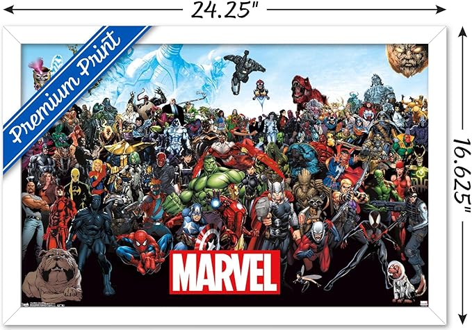 Marvel Comics The Marvel Lineup Wall Poster, 22.4L" x 14.7W", White Framed Version
