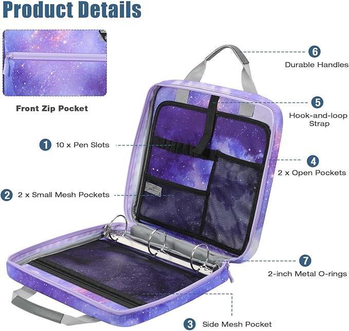 MoKo Zipper Binder, 2 inch 3 Ring Binder with 500 Sheet Capacity Multi-Pocket School Bag with Padded Shoulder Strap Handle, School Supplies Organizer for Middle Student, Star Purple