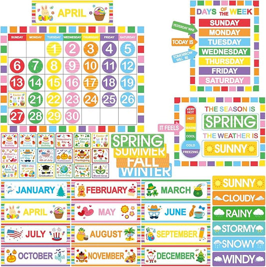 Rainbow Classroom Calendar Bulletin Board Set Colorful Calendar Bulletin Board Set for Rainbow Classroom Decoration with Hook and Loop Dot Stickers