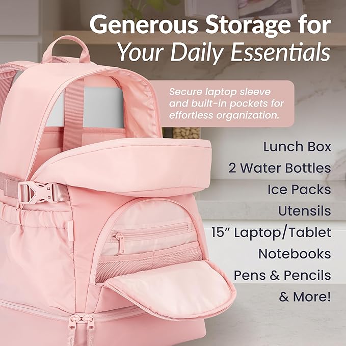 Bentgo 2-in-1 Adult Backpack & Insulated Lunch Bag – Lightweight, Water-Resistant Travel Backpack with 9 Compartments, Laptop Sleeve & Trolley Sleeve for Work & Everyday Use (Soft Blush)