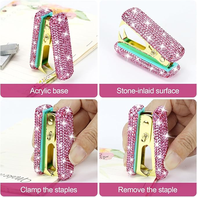 Multibey Rhinestone Staple Remover, Handmade Bling Crystal Pink Staple Remover Tool for Desk, Dazzling Staples Puller Tool Office Supplies Desk Accessories for Women Office (Pure Pink)
