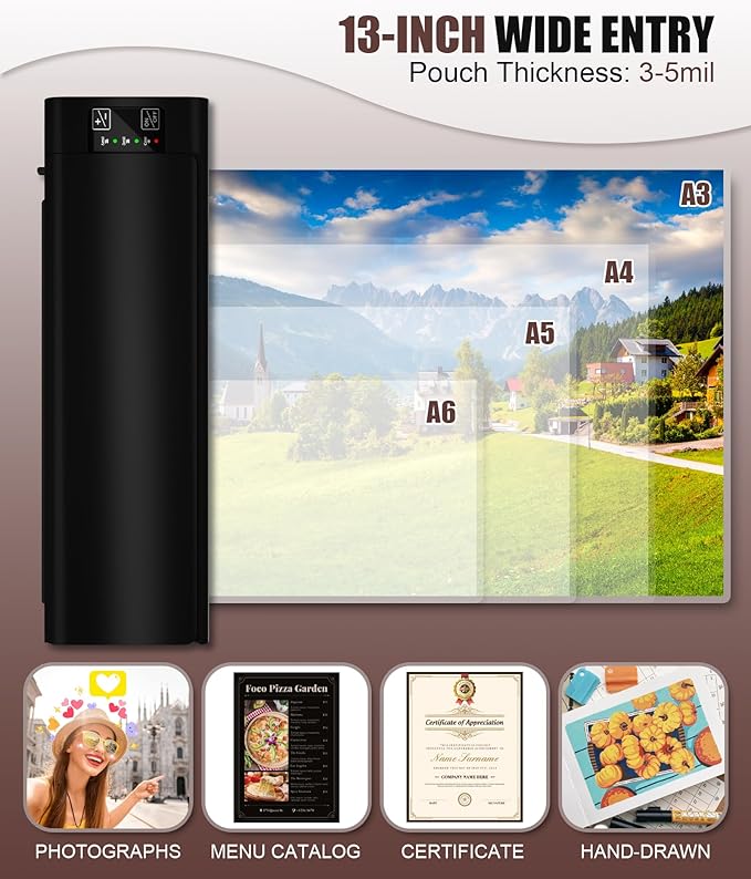 13 Inch Laminator Machine, A-3 9-in-1 Thermal Laminator with Sheets for Hot & Cold Laminating Machine, Features Fast 60-Sec Warm Technology and Never-Jam Design for Home,Office,or School Use (Black)