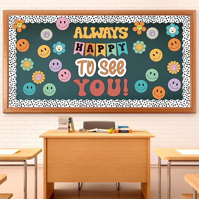 63 Pcs Groovy Bulletin Board Decorations Set Retro Smiley Face Classroom Decor with Black Dots Border Trims for Back to School Classroom Wall Door Decor