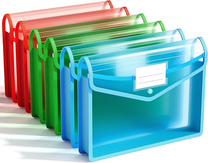 ABC life 6-Pack Plastic Expanding File Folder, Translucent Envelopes with Snap Closure, Large Capacity, Assorted Colors, Large Capacity, Fits Letter/A4 Size - RGB Color