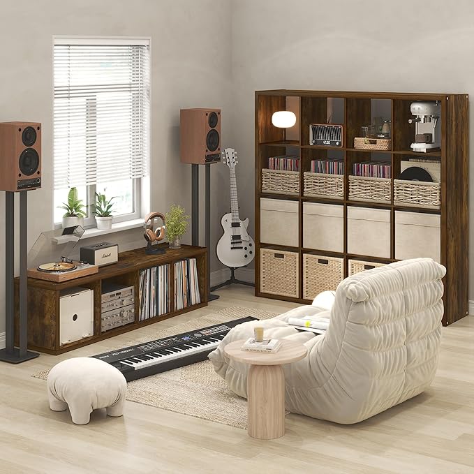 Furinno Cubicle Record Player Stand with Vinyl Storage, 16-Cube 1.2 Extra Thick Vinyl Record Storage, Open Back Media Shelf for CD DVD Blueray Game Disc, for Living Room, Home Office, Amber Pine