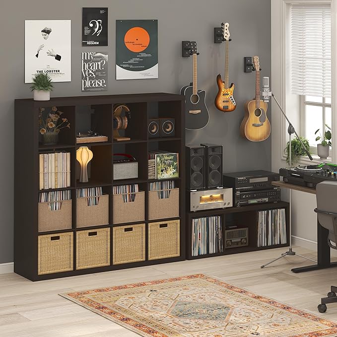 Furinno Cubicle Record Player Stand with Vinyl Storage, 3-Cube 1.2 Extra Thick Vinyl Record Storage, Open Back Media Shelf for CD DVD Blueray Game Disc, for Living Room, Home Office, Black Dark Oak