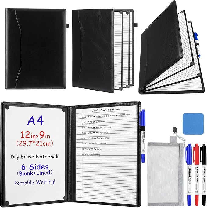 6 Sides Dry Erase Notebook Portable Whiteboards Notebook Small Reusable College Ruled Lined Board Folding Mini Travel Dry Erase White Board for Office Study(Black,A4: 9 x 12 Inches)