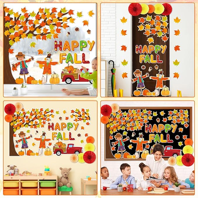 3D Happy Fall Bulletin Board Set Thanksgiving Autumn Classroom Decorations Autumn Tree Maple Leaf Pumpkin Scarecrow 71Pcs Paper Cutouts Fans for September Thanksgiving Chalkboard Home Wall Supplies