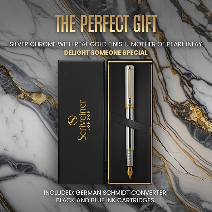 Scriveiner Silver Chrome Fountain Pen - Stunning Luxury Pen, Real Gold Finish, Schmidt Gilded Nib (Fine), Best Gift Set for Men & Women Professional Executive Office Fancy Nice Designer Pen