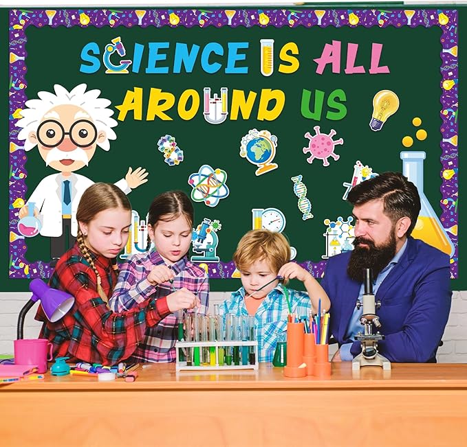 party greeting Science Bulletin Board Set Science is All Around Us Classroom Decoration Scientist Lab Paper Cutouts Bulletin Board Border for Wall Decor Teacher Must Haves Back to School Supplies
