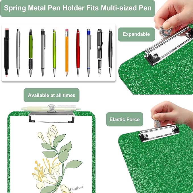 SFLHHDM Clear Glitter Clipboards, Plastic Clipboard with Pen Holder, Clip Boards 8.5x11 with Low Profile Clip, Cute Hanging Clip Board for Office School Supplies Sparkly Clipboard (Christmas Green)