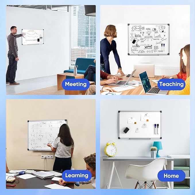 VUSIGN 24" x 18" Magnetic Whiteboard for Wall, Dry Erase Board with Silver Frame, Hanging White Board for Office, Home, School - Includes 1 Eraser, 2 Multicolor Markers & 4 Magnets