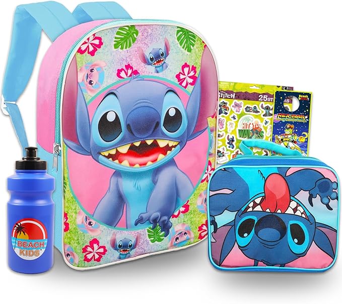 Lilo And Stitch School Backpack and Lunch Bag Bundle - 4 Pc Bundle With 16" Stitch School Bag, Stitch Lunch Box, And More For Boys And Girls | Stitch School Supplies Set