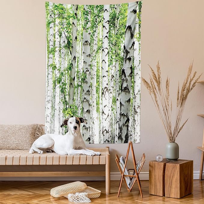 Ambesonne Woodland Tapestry, Birch Trees in The Forest Summertime Wildlife Nature Outdoors Themed Picture, Fabric Wall Hanging Decor for Bedroom Living Room Dorm, 30" X 45", White Green