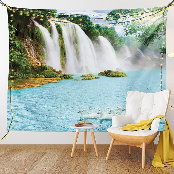 Ambesonne Waterfall Tapestry Twin Size, Image of a Grand Waterfall with Swans in the Lake Sunny Day Nature Print, Wall Hanging Bedspread Bed Cover Wall Decor, 68" X 88", White Green
