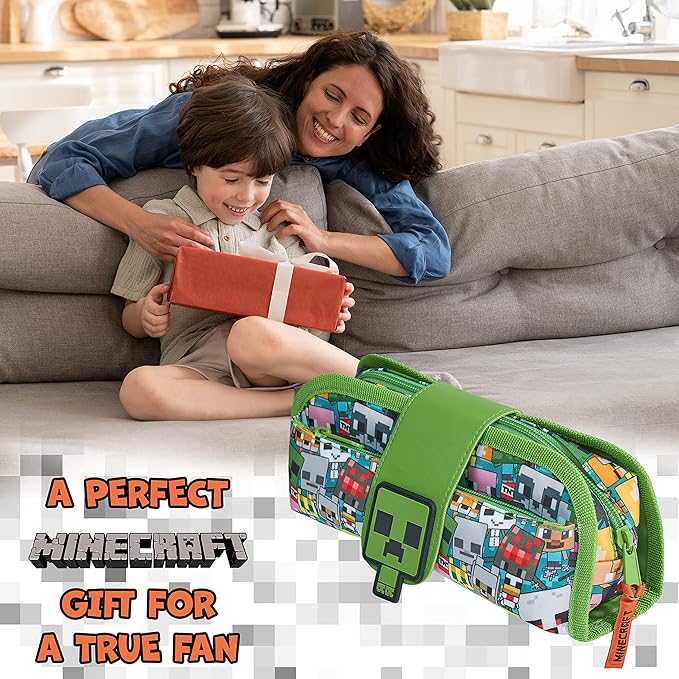 Minecraft Pencil Case for Boys and Girls, Kids Gamer School Supplies Multi Compartments with Detachable Zippered Pen Pouch 2 in 1