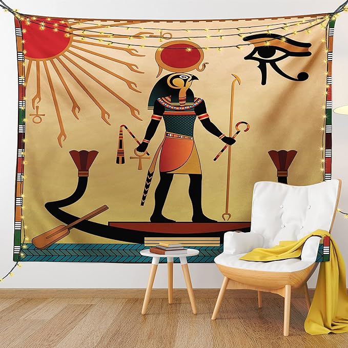 Ambesonne Egyptian Print Tapestry, Sun Old Egyptian Timeless Grace Antique Tradition Illustration, Wall Hanging for Bedroom Living Room Dorm Decor, 60" X 80", Cream Red