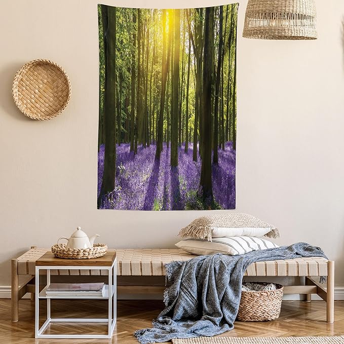 Ambesonne Woodland Tapestry Queen Size, Sunbeams in the Forest of Bluebells Blooms Deep in Woodland Oxfordshire, Wall Hanging Bedspread Bed Cover Wall Decor, 88" X 88", Violet Green Yellow