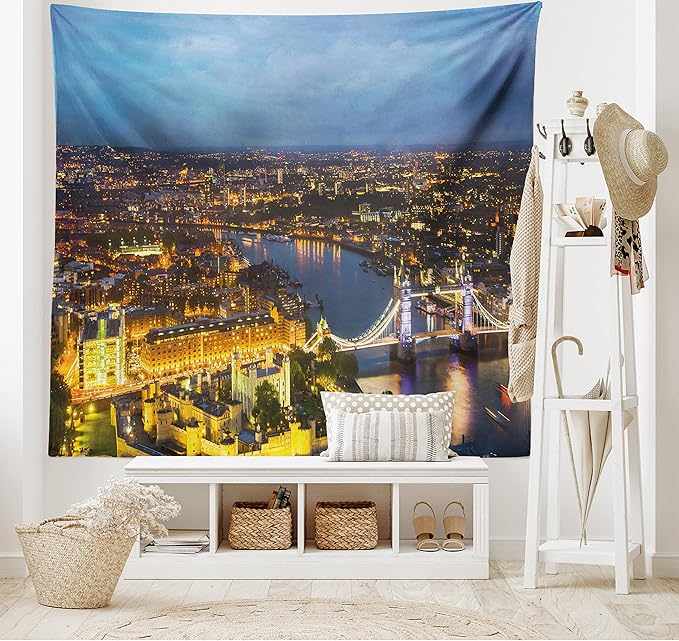 Ambesonne Modern Tapestry, Sunset at London England Cityscape Night Time and Tower Bridge Landmark Urban, Fabric Wall Hanging Decor for Bedroom Living Room Dorm, 45" X 30", Yellow Bluegrey