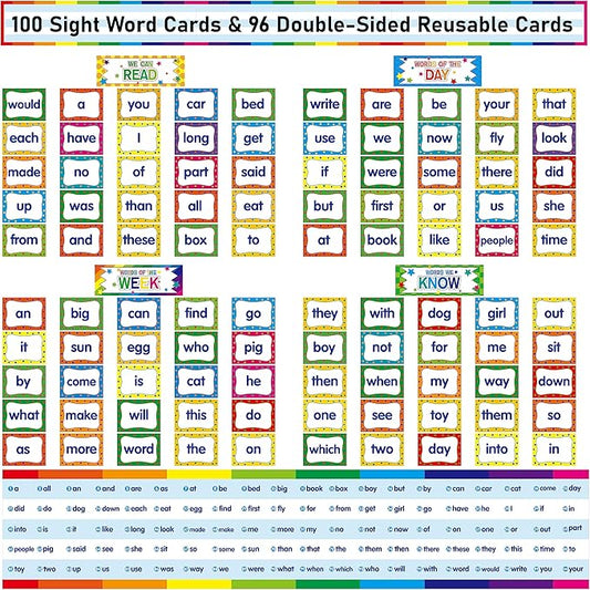 First Sight Word Cards, 100 First Word Cards & 96 Double-Side Erasable Blank One Pocket Chart Cards for Beginning Reading, Sight Reading, Early-Reading, Students Classroom Home School Use