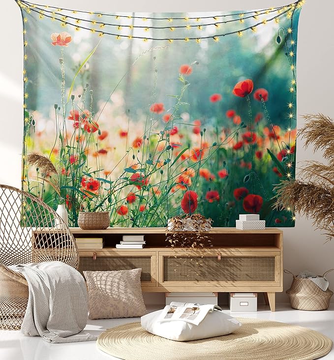 Ambesonne Nature Tapestry, Wild Red Poppy Flowers Field Summertime Sunbeams Gardening Bedding Plants, Wide Wall Hanging for Bedroom Living Room Dorm, 80" X 60", Red Green Yellow